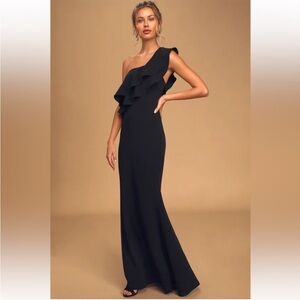 Lulu’s Grand Beauty Black Ruffled One-Shoulder Mermaid Maxi Dress Size Large